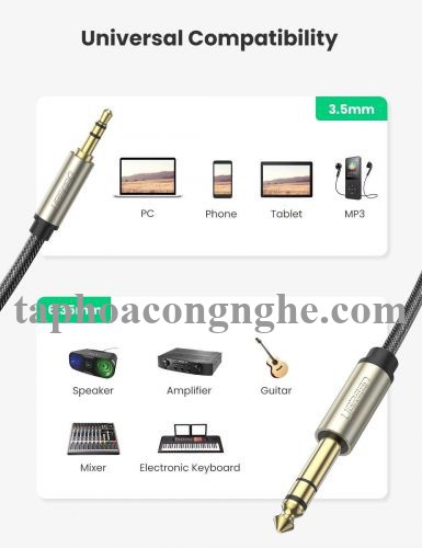 Ugreen 10630 5M màu xám đen cáp 3.5mm TRS ra 6.35mm TS Stereo Pro Audio mạ vàng 24K AV127 30010630